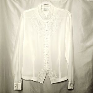 Vintage Kathy Che White Polyester Embroided Pearl-tone Beads & Buttons Blouse 14